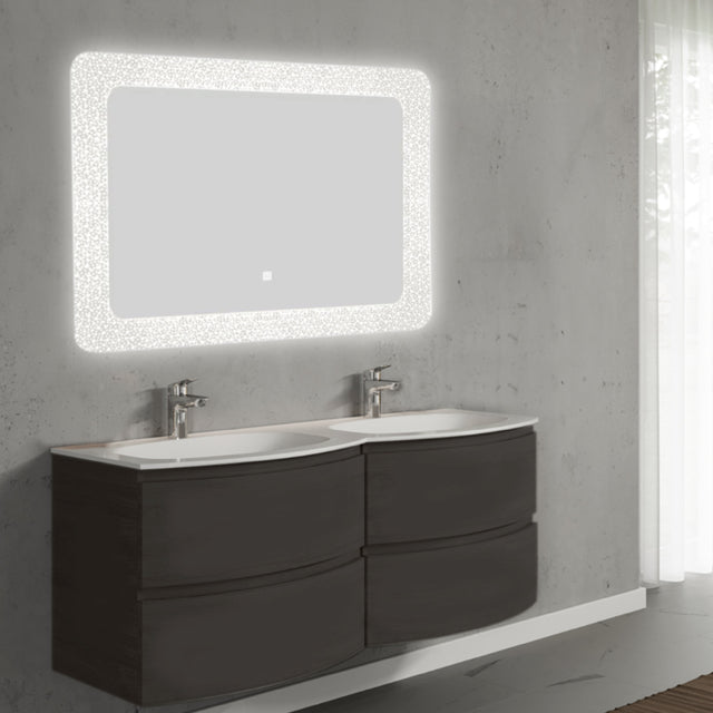 Set mobilier de baie suspendat, cu lavoar dublu incastrat si oglinda cu LED, 140 cm, negru, finisaj mat, Armonia, SaviniDue