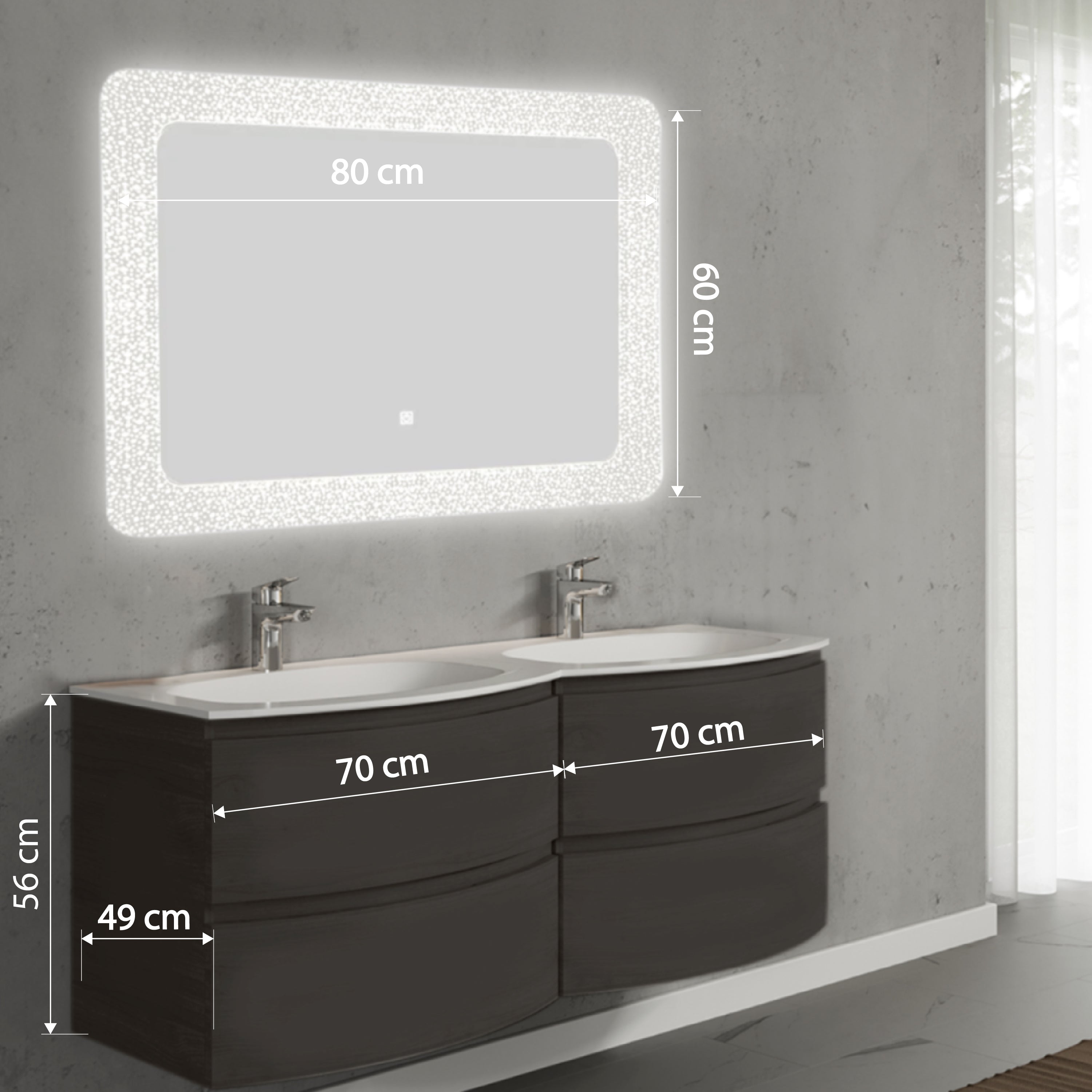 Set mobilier de baie suspendat, cu lavoar dublu incastrat si oglinda cu LED, 140 cm, negru, finisaj mat, Armonia, SaviniDue