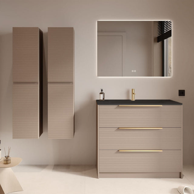 Set mobilier gri cenusiu cu 2 coloane suspendate, lavoar incastrat negru mat și oglindă, cu riflaje Dogato, 100 cm, SaviniDue Iconica