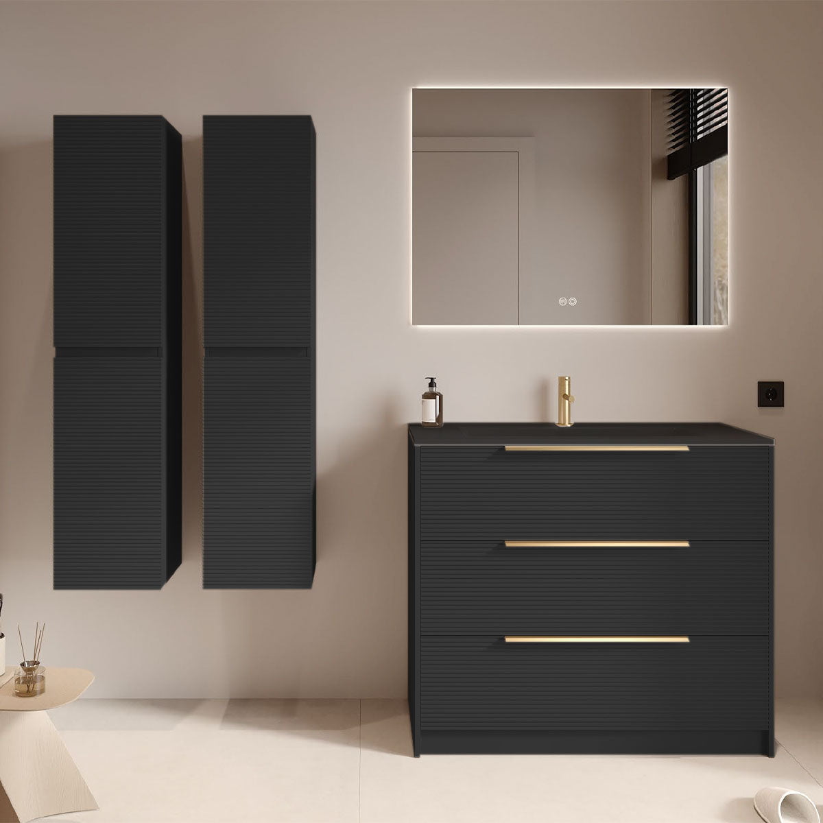 Set mobilier negru mat cu 2 coloane suspendate, lavoar incastrat negru mat și oglindă, cu riflaje Dogato, 100 cm, SaviniDue Iconica