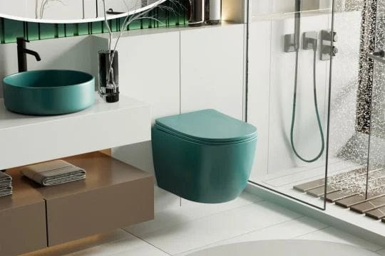 Set vas wc rimless suspendat, semirotund, Foglia Oslo și capac softclose verde turcoaz mat