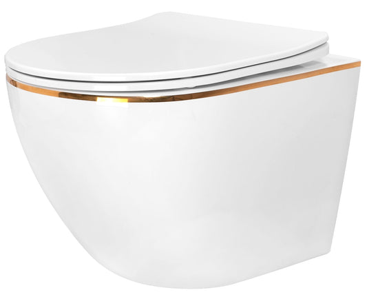 Set vas WC suspendabil rimless Rea Carlo alb cu margini aurii şi capac soft close alb
