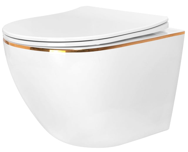 Set vas WC suspendabil rimless Rea Carlo alb cu margini aurii şi capac soft close alb
