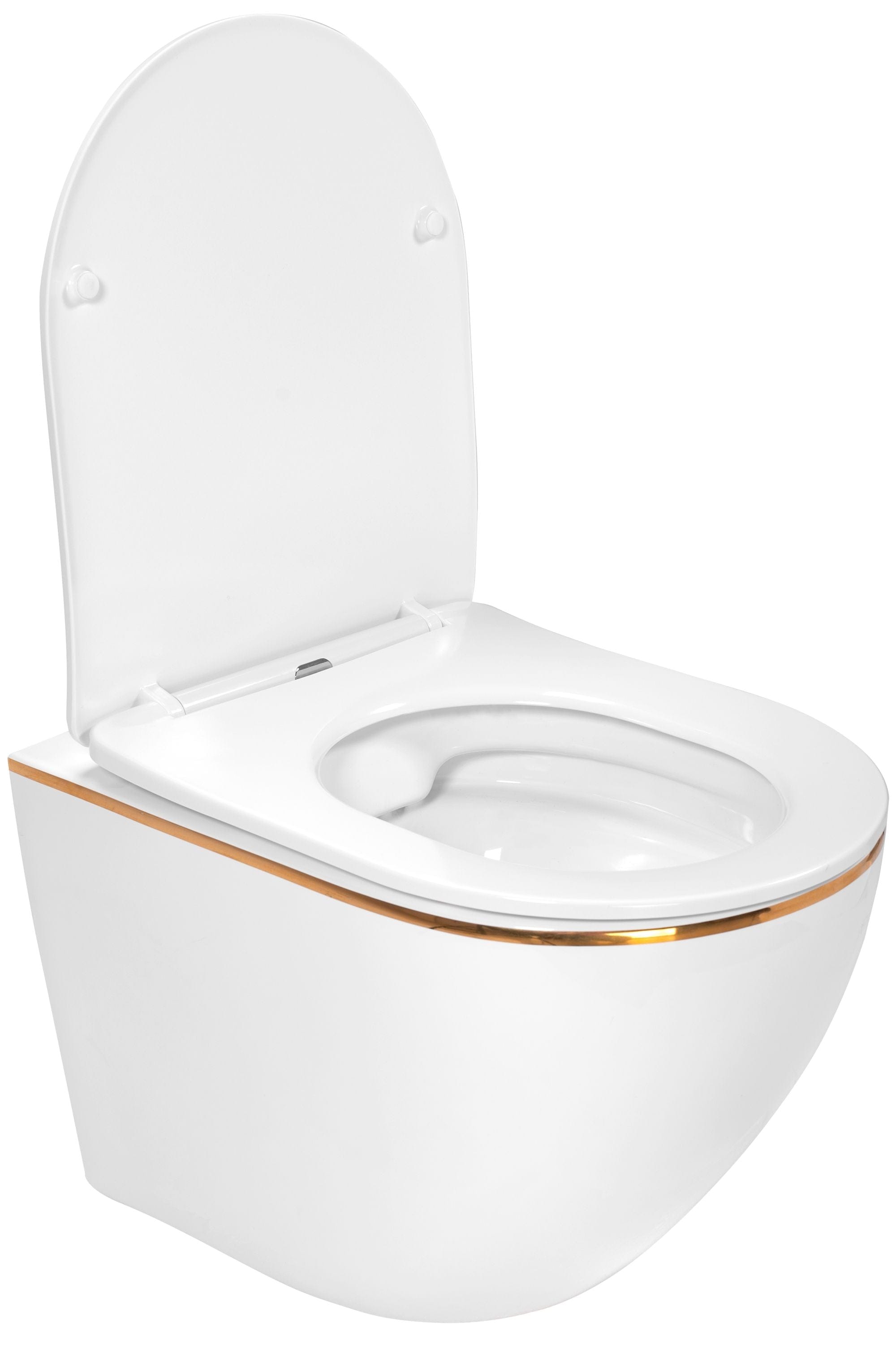 Set vas WC suspendabil rimless Rea Carlo alb cu margini aurii şi capac soft close alb
