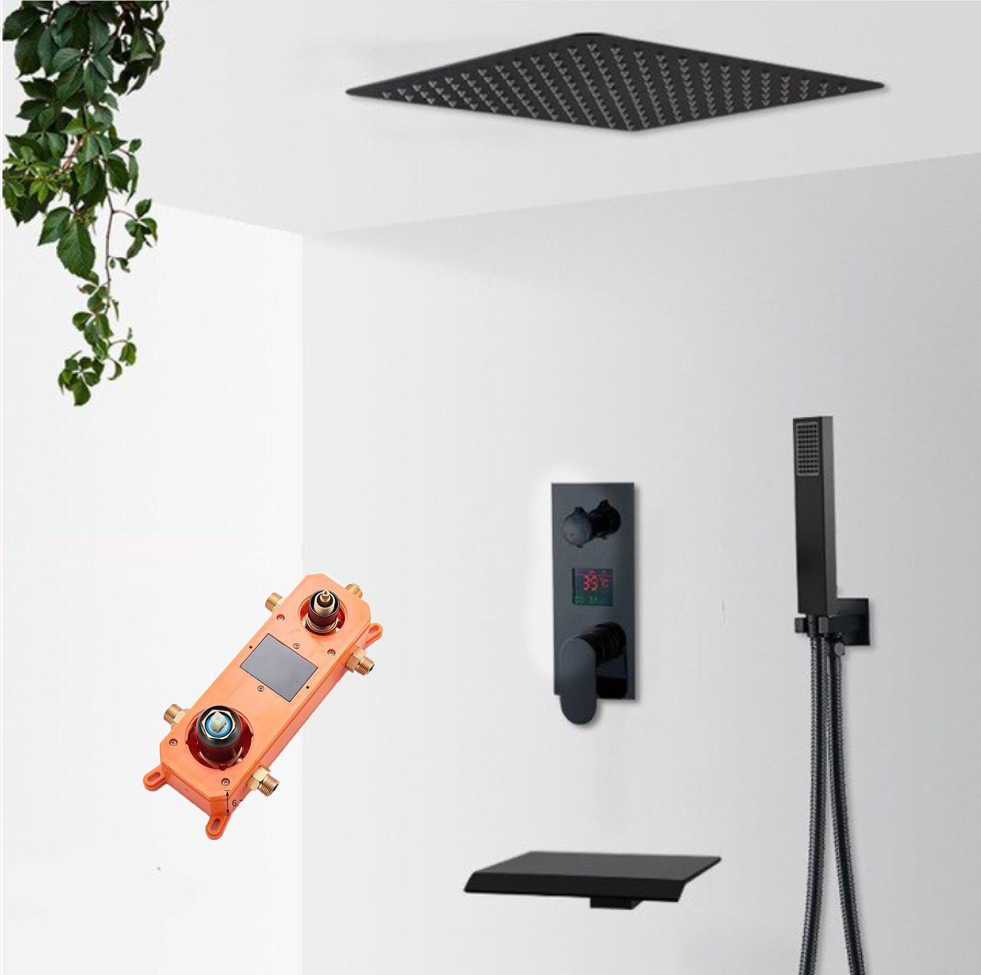 Sistem de dus Waterfall, incastrat in tavan, para patrata 40 cm, 3 functii de curgere, negru mat, cod 1404