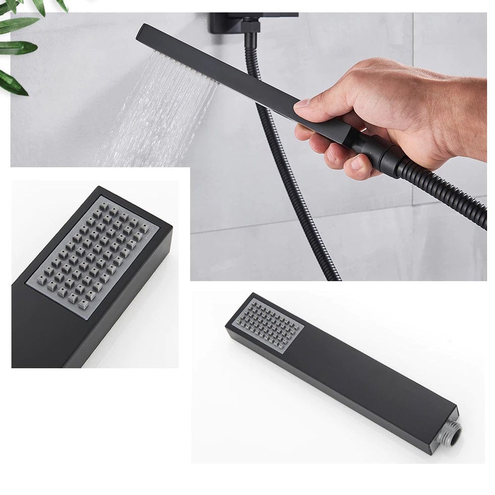 Sistem de dus Waterfall, incastrat in tavan, para patrata 40 cm, 3 functii de curgere, negru mat, cod 1404