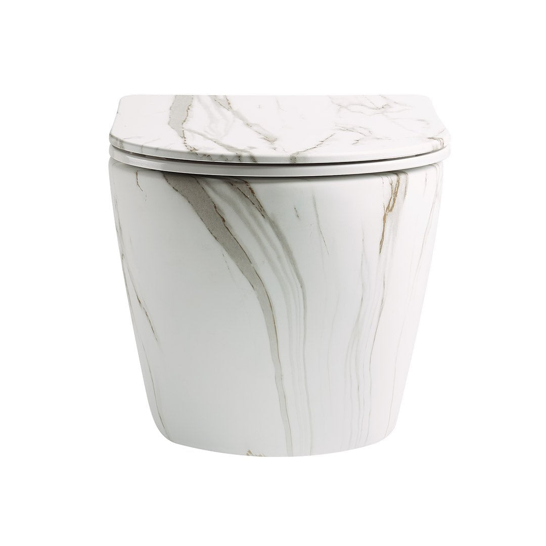 Vas WC Braga, montaj suspendat, din ceramica sanitara, rimless, quick release si soft close, imitatie marmura Calacatta orro, Elysium