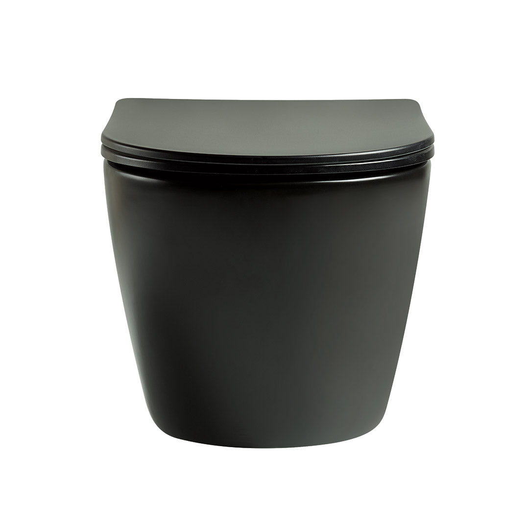 Vas WC Braga, montaj suspendat, din ceramica sanitara, rimless, quick release si soft close, negru mat, Elysium