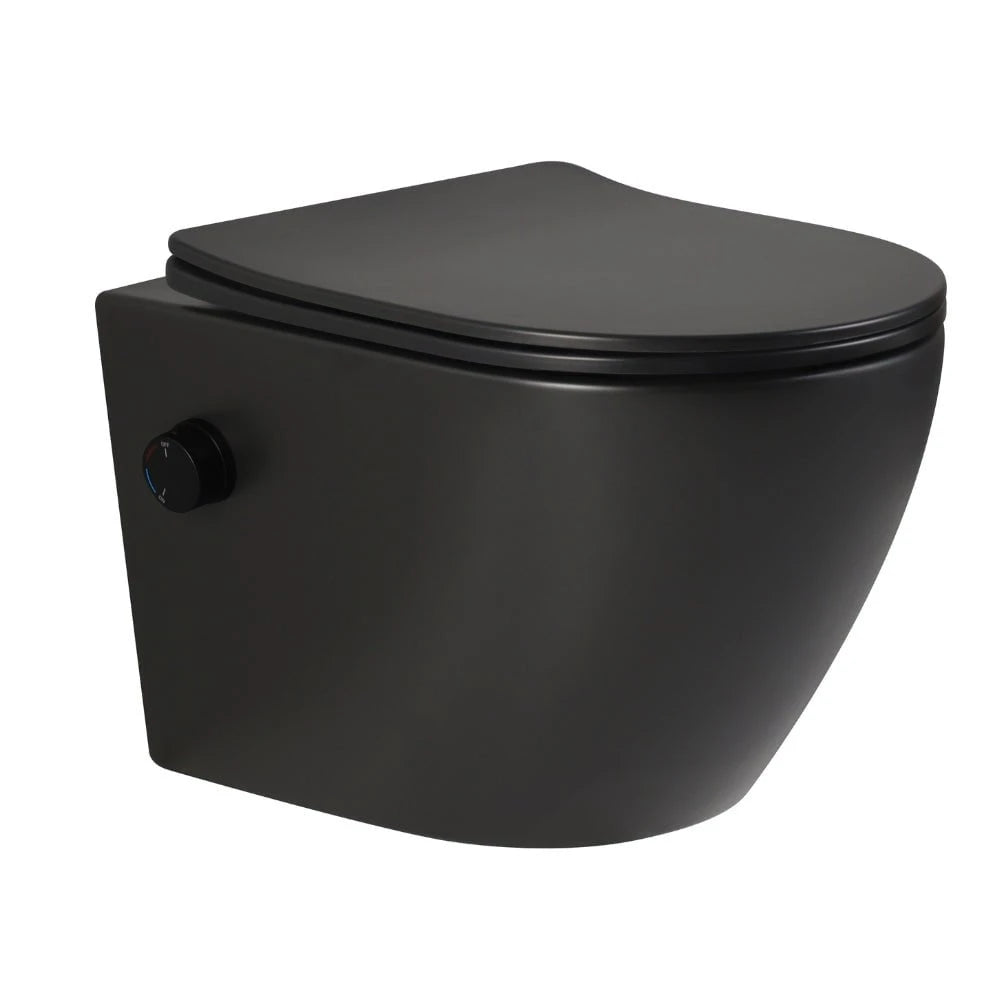 Vas wc negru suspendat Foglia cu functie de bideu, semirotund, rimless,  baterie negru mat