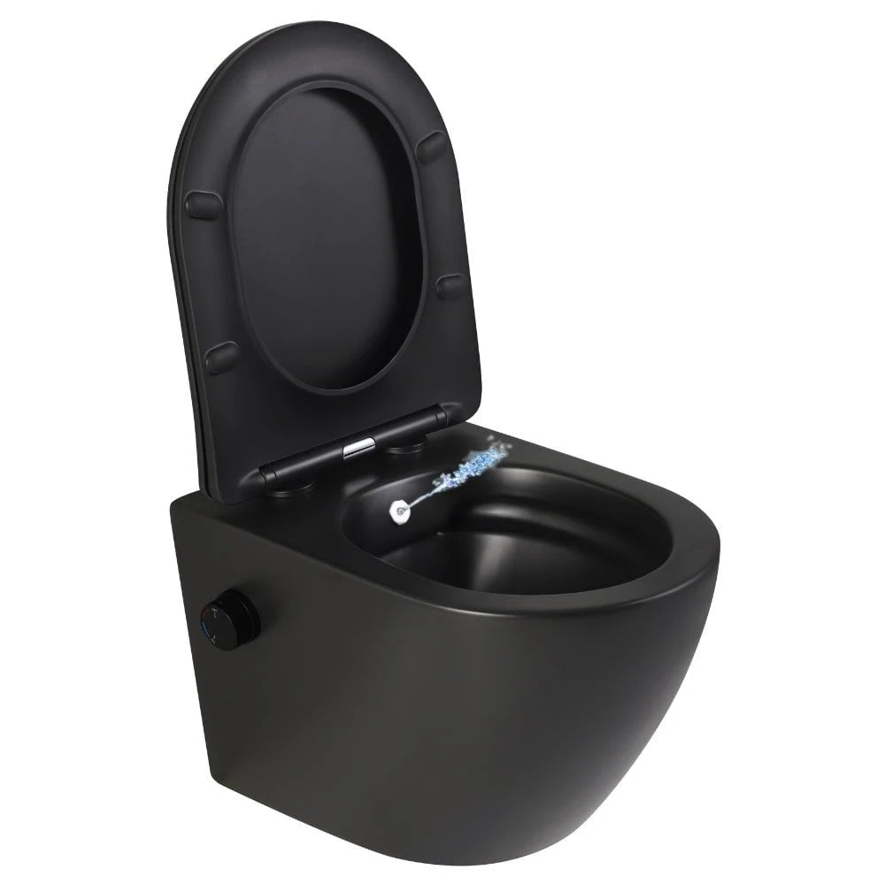 Vas wc negru suspendat Foglia cu functie de bideu, semirotund, rimless,  baterie negru mat