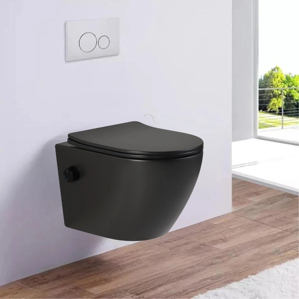Vas wc negru suspendat Foglia cu functie de bideu, semirotund, rimless,  baterie negru mat