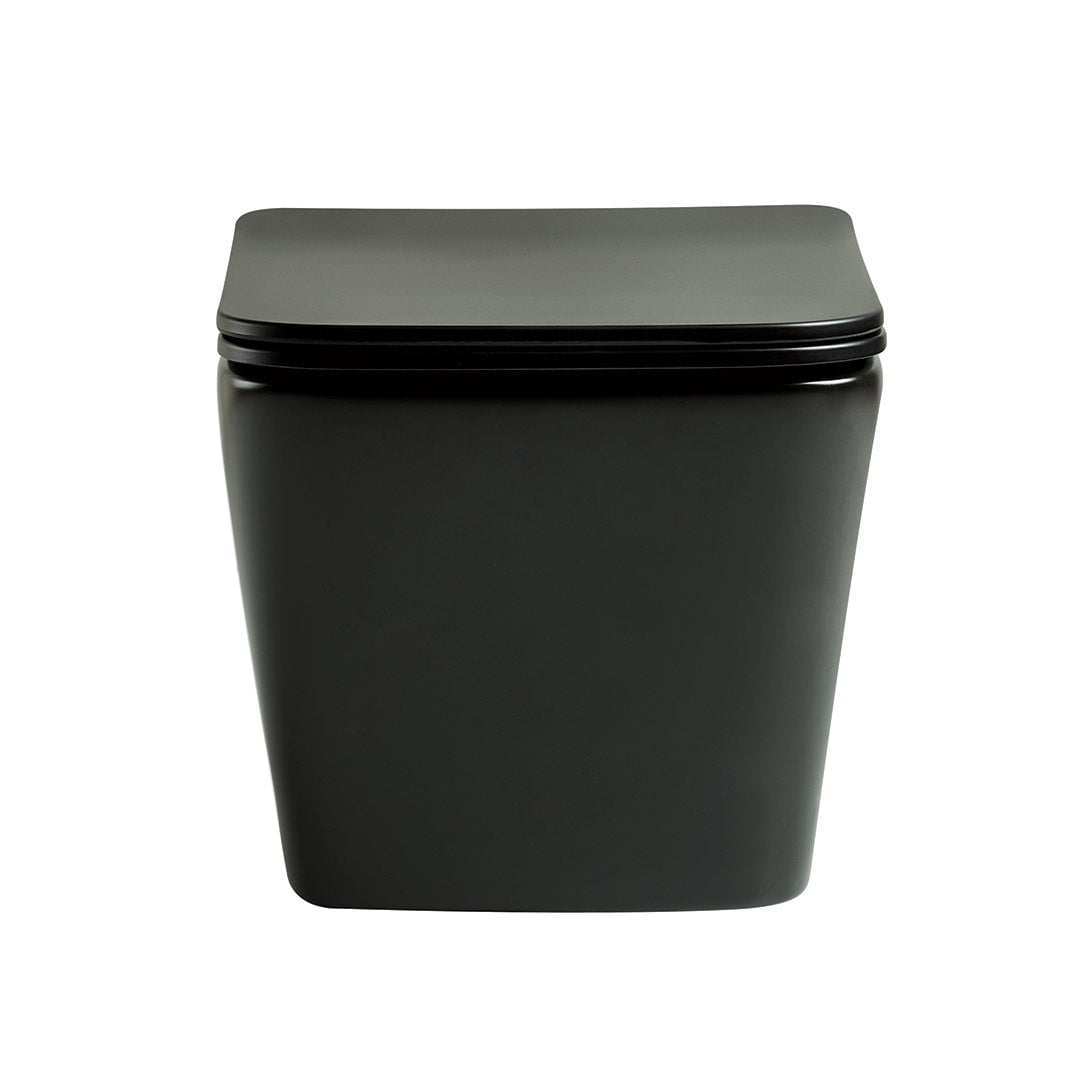 Vas WC Setubal, montaj suspendat, din ceramica sanitara, rimless, quick release si soft close, negru mat, Elysium