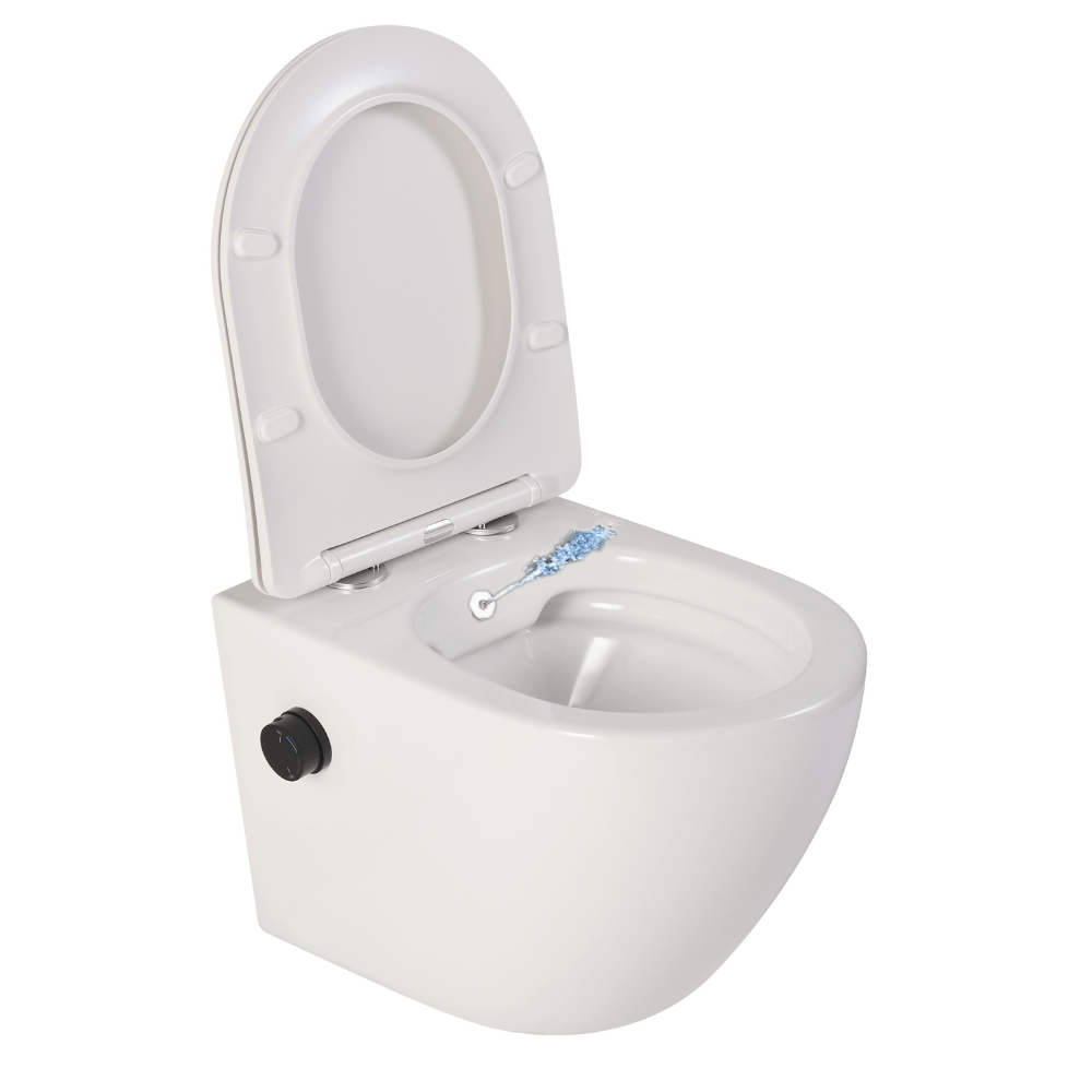 Vas wc suspendat, cu functie bideu, semirotund, rimless, apă calda/rece, capac soft close, baterie negru mat Foglia Oslo