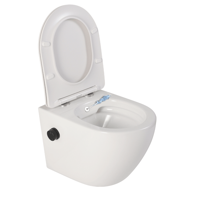 Vas wc suspendat, cu functie bideu, semirotund, rimless, apă calda/rece, capac soft close, baterie negru mat Foglia Oslo