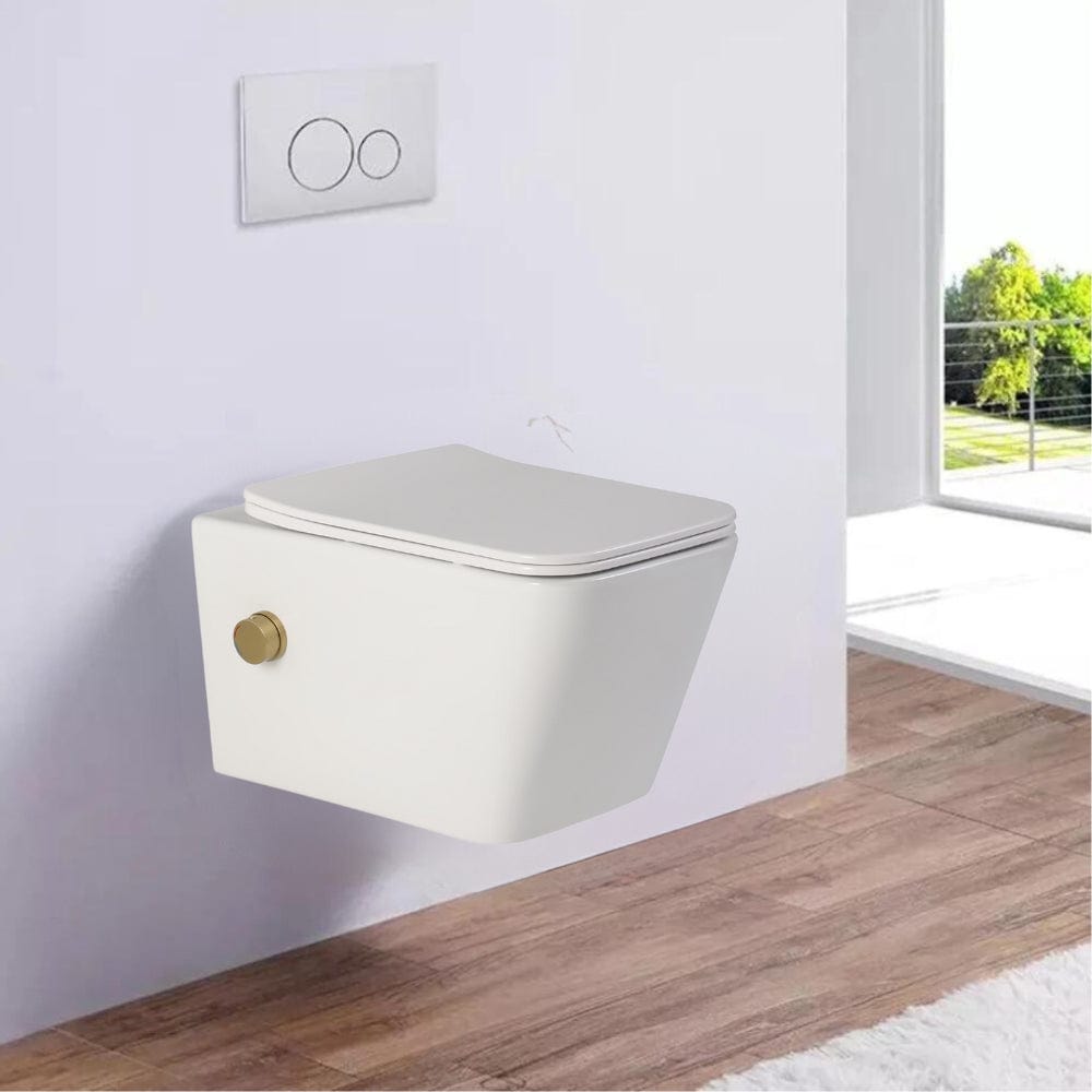 Vas wc suspendat Foglia, dreptunghiular cu functie de bideu, rimless,  baterie auriu mat