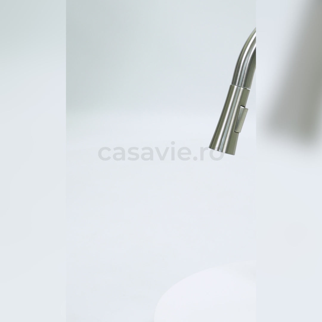 Baterie profesionala pentru bucatarie Herlich Chrome, cu 2 functii de curgere, dus extractibil, senzor tactil de pornire/oprire, argintiu nichelat, cod 1393