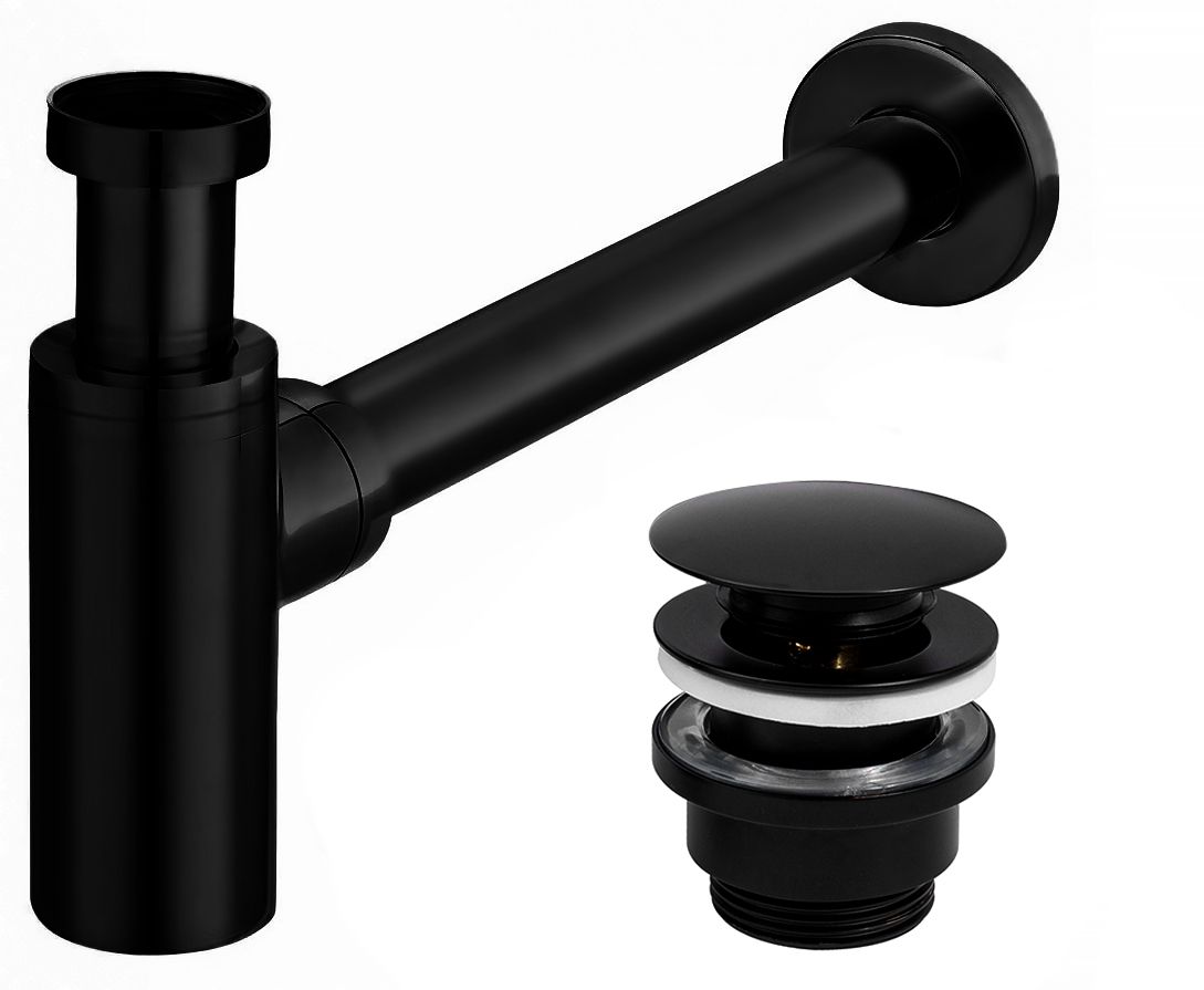 Sifon Decorativ Pentru Lavoar Rea Si Ventil Universal Cu Click-clack Negru Mat